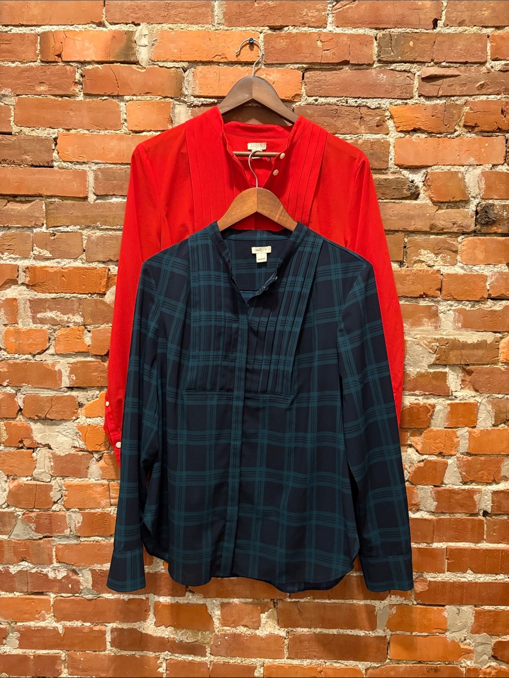 J. Crew Red Long-Sleeve & Navy Plaid Tuxedo Blouses- Two-Pack